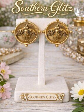 Gold Bee Statement Earrings, Vintage Style Bee Earrings, Round Medallion Earring